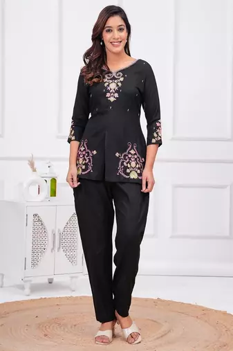 black floral embroidered boat neck rayon kurta with trouser