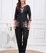 black floral embroidered boat neck rayon kurta with trouser