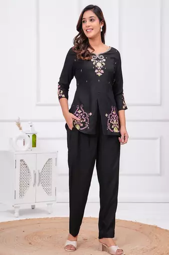 black floral embroidered boat neck rayon kurta with trouser