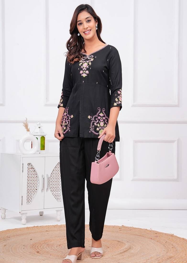 black floral embroidered boat neck rayon kurta with trouser