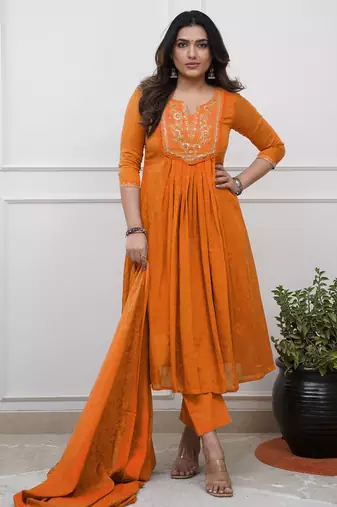 orange cotton embroidered straight kurta pant and dupatta set