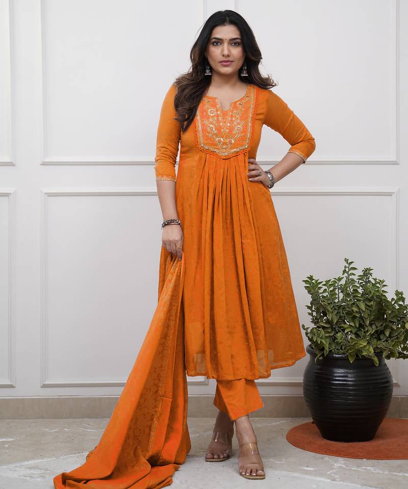 orange cotton embroidered straight kurta pant and dupatta set