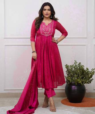 pink cotton embroidered straight kurta pant and dupatta set 1