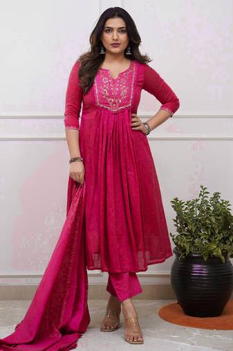 pink cotton embroidered straight kurta pant and dupatta set