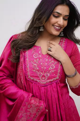 pink cotton embroidered straight kurta pant and dupatta set