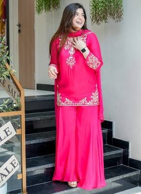 pink floral embroidered chanderi kurta with trouser and dupatta 1