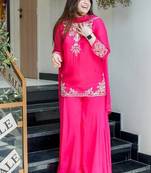 pink floral embroidered  chanderi kurta with trouser and dupatta
