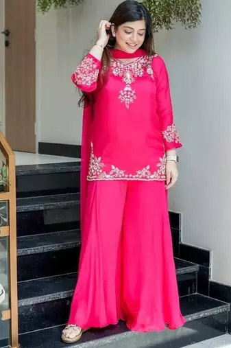 pink floral embroidered  chanderi kurta with trouser and dupatta