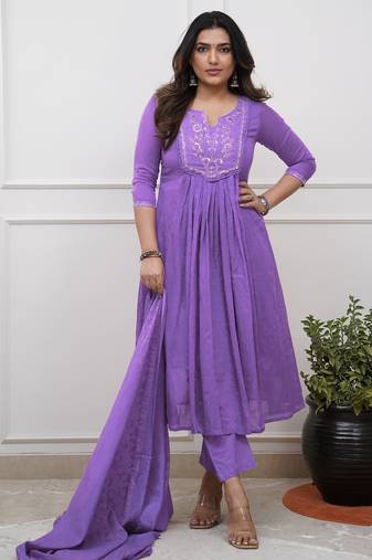 lavender cotton embroidered straight kurta pant and dupatta set
