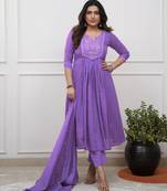 lavender cotton embroidered straight kurta pant and dupatta set