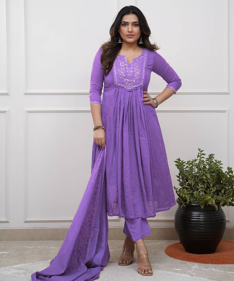 lavender cotton embroidered straight kurta pant and dupatta set