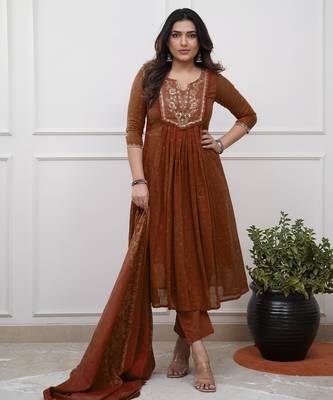 brown cotton embroidered straight kurta pant and dupatta set 1