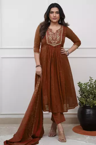 brown cotton embroidered straight kurta pant and dupatta set