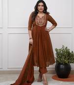 brown cotton embroidered straight kurta pant and dupatta set