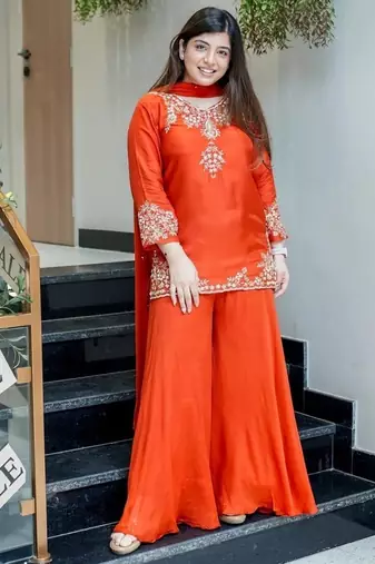 orange floral embroidered  chanderi kurta with trouser and dupatta