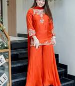 orange floral embroidered  chanderi kurta with trouser and dupatta