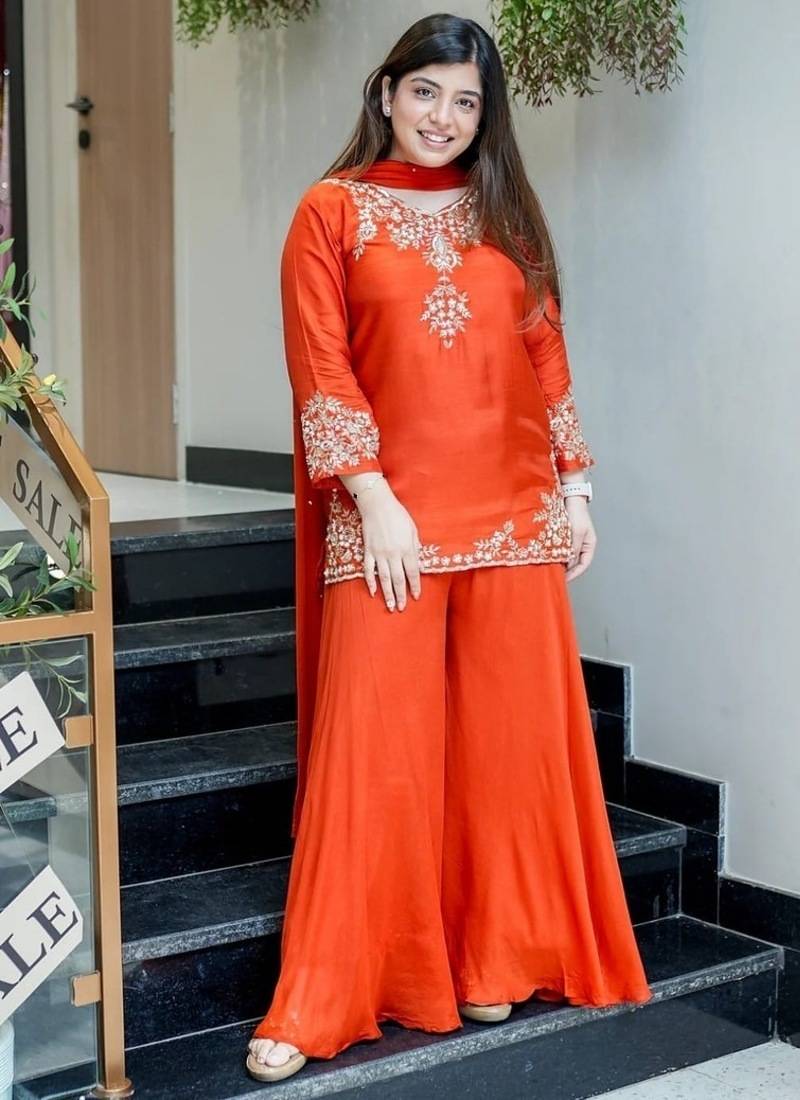 orange floral embroidered  chanderi kurta with trouser and dupatta