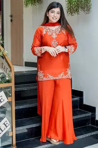 orange floral embroidered  chanderi kurta with trouser and dupatta