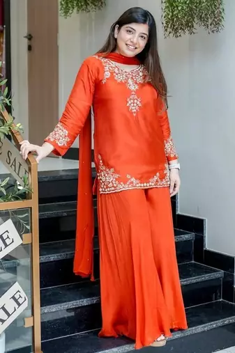 orange floral embroidered  chanderi kurta with trouser and dupatta