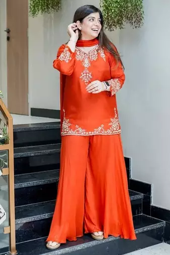 orange floral embroidered  chanderi kurta with trouser and dupatta