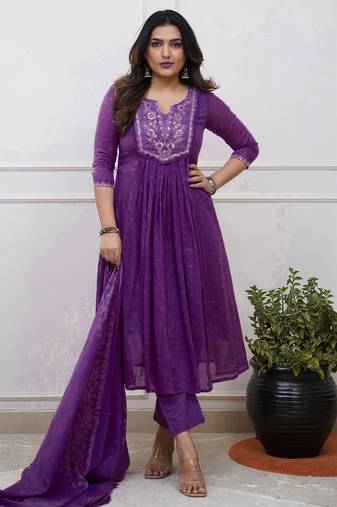 purple cotton embroidered straight kurta pant and dupatta set