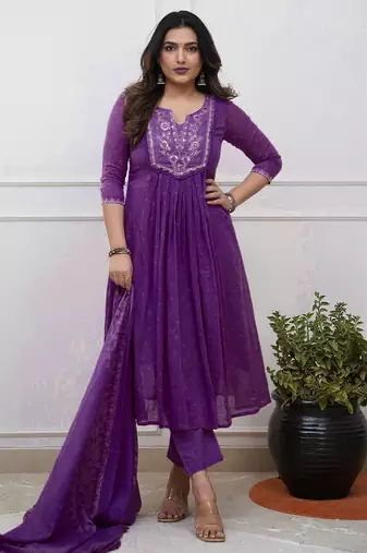 purple cotton embroidered straight kurta pant and dupatta set