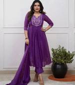 purple cotton embroidered straight kurta pant and dupatta set