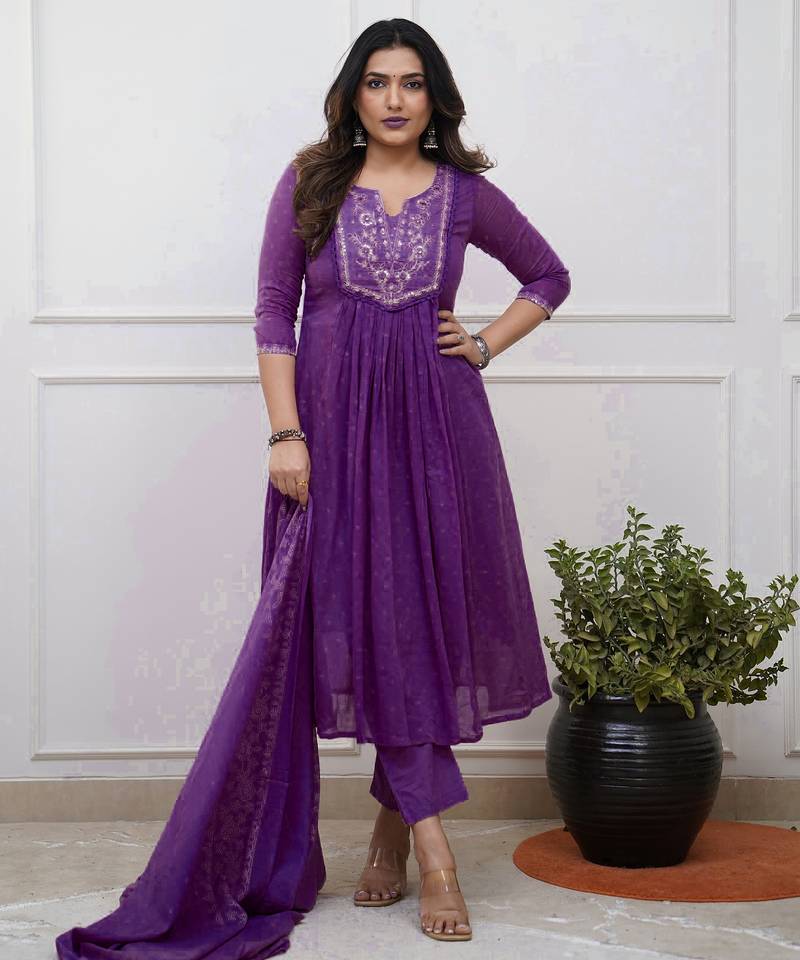 purple cotton embroidered straight kurta pant and dupatta set