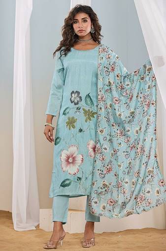 blue  printed straight kurta pant and dupatta set