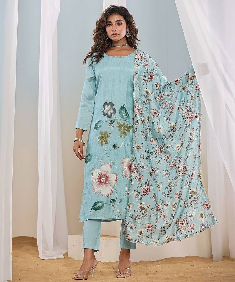 blue  printed straight kurta pant and dupatta set