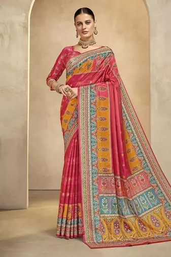 Pink digital foil premium printed saree with blouse