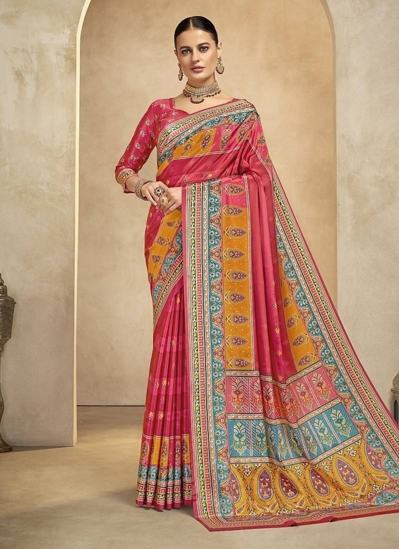 Pink digital foil premium printed saree with blouse