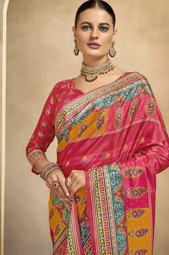 Pink digital foil  printed saree with blouse