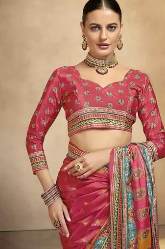 Pink digital foil  printed saree with blouse