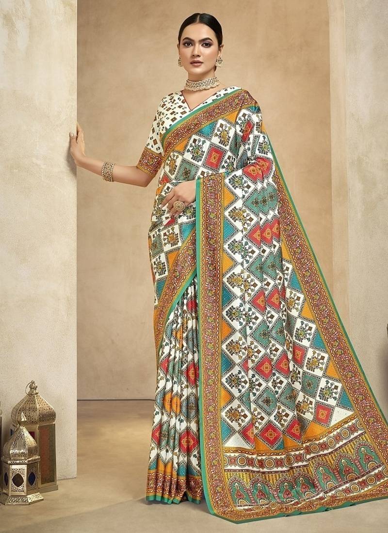 multicolor digital foil premium printed saree with blouse
