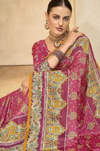 Pink digital foil  printed saree with blouse