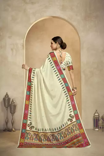 Cream digital foil  printed saree with blouse