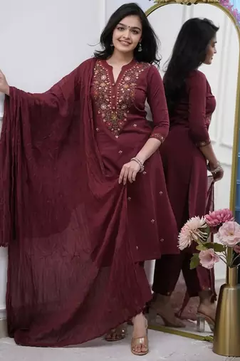 maroon rayon  thread straight kurta pant and dupatta set
