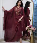 maroon rayon  thread straight kurta pant and dupatta set
