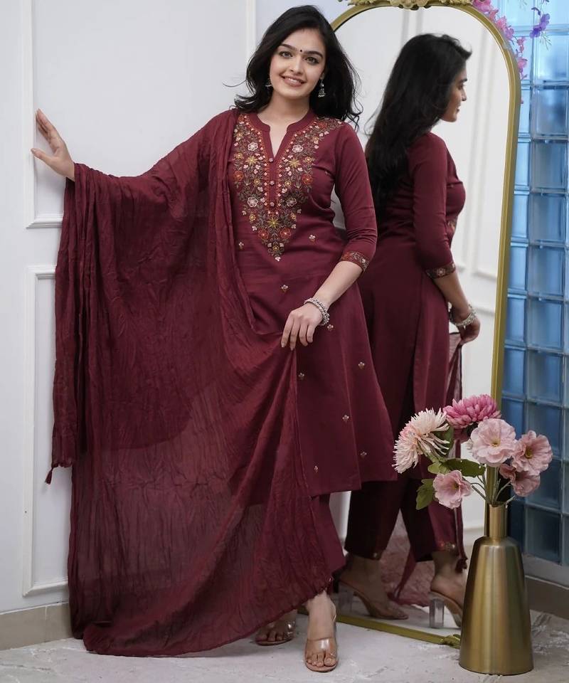 maroon rayon  thread straight kurta pant and dupatta set