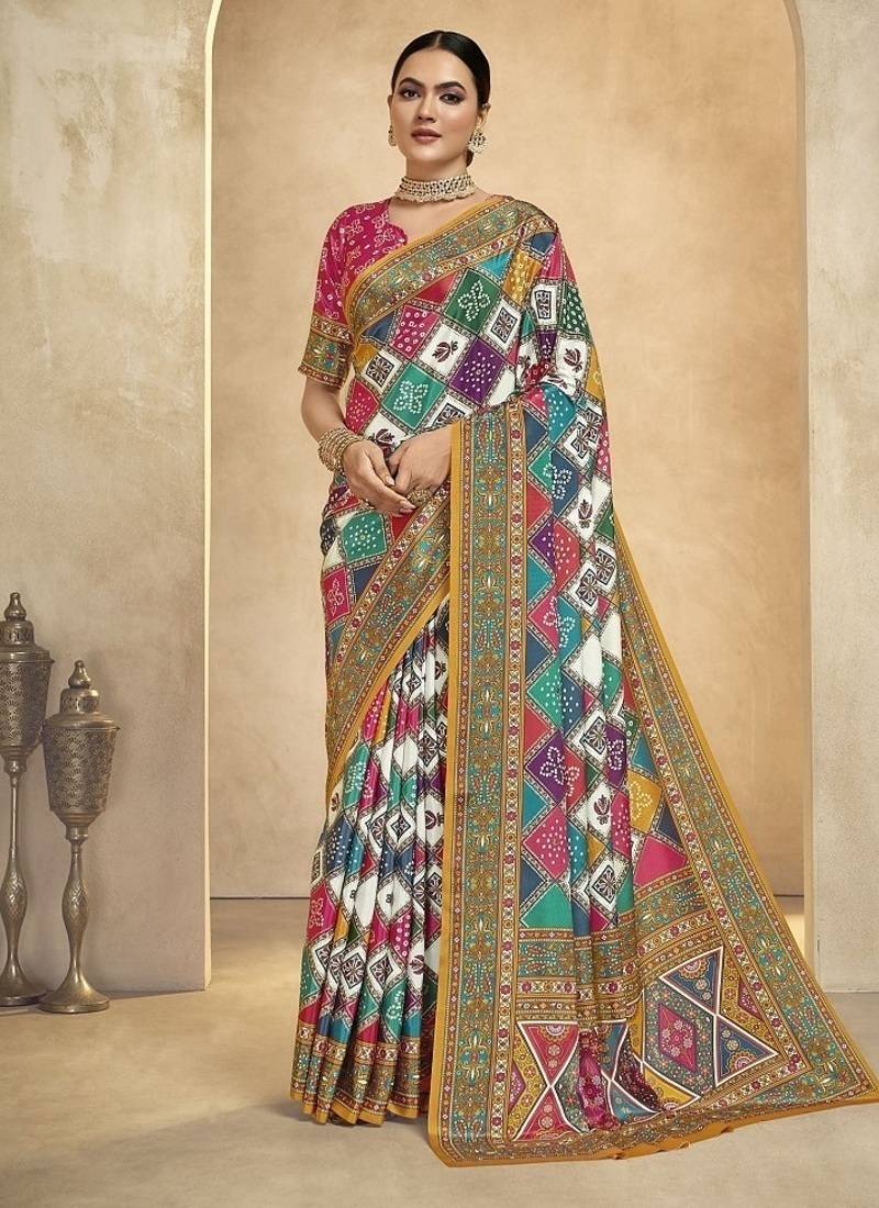 multicolor digital foil premium printed saree with blouse