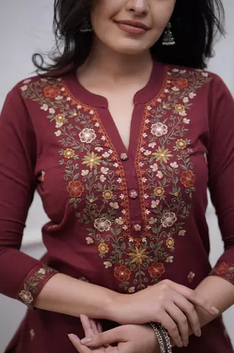 maroon rayon  thread straight kurta pant and dupatta set