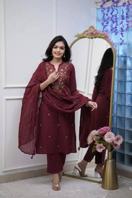 maroon rayon  thread straight kurta pant and dupatta set 5