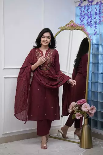 maroon rayon  thread straight kurta pant and dupatta set