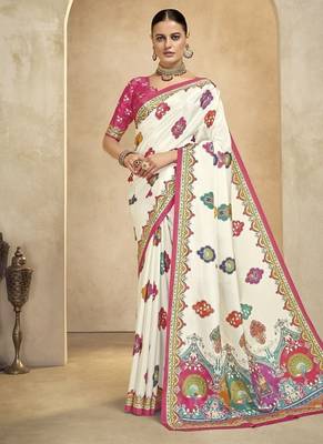 Cream digital foil  printed saree with blouse 1