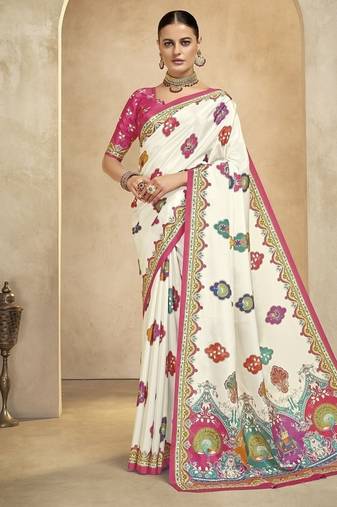 Cream digital foil premium printed saree with blouse