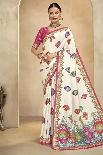 Cream digital foil premium printed saree with blouse