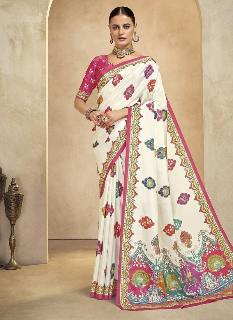Cream digital foil premium printed saree with blouse