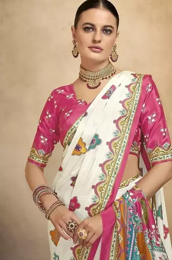 Cream digital foil  printed saree with blouse