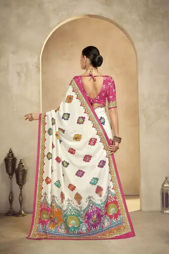 Cream digital foil  printed saree with blouse